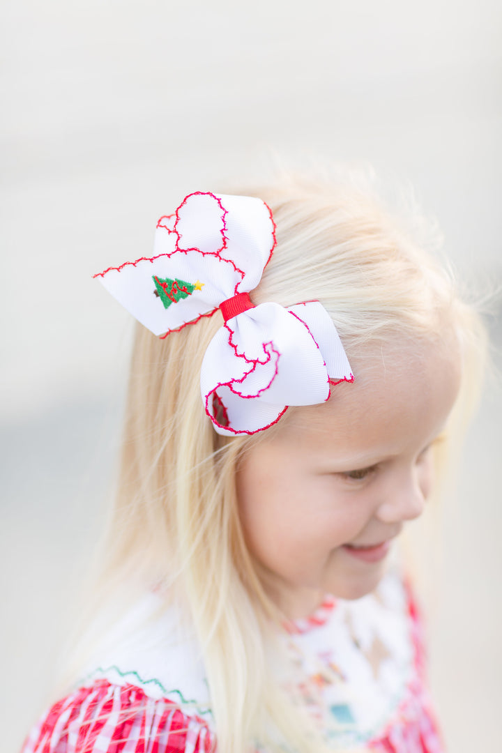 Girls Christmas Tree Embroidered Bow